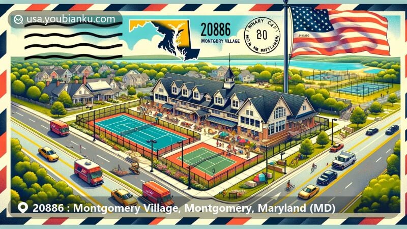 Modern illustration of Montgomery Village, Montgomery County, Maryland, showcasing vibrant community life at the Whetstone Community Center, road improvements on Montgomery Village Avenue, and classic American postal themes with ZIP code 20886.