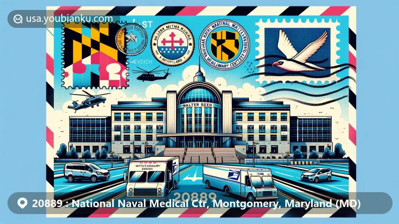 Modern illustration of ZIP Code 20889, National Naval Medical Center in Montgomery, Maryland, showcasing postal theme with state symbols and medical-military excellence.