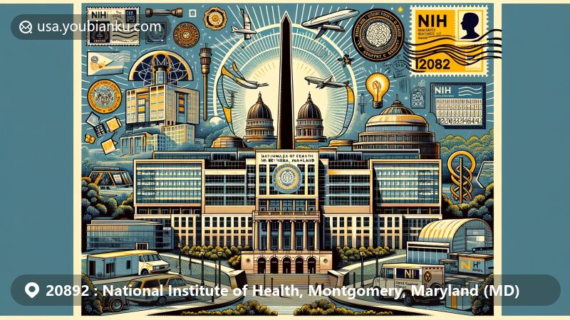 Modern illustration of the National Institutes of Health (NIH) in Bethesda, Maryland, featuring ZIP Code 20892, postage stamp, postmark, and iconic buildings like the Clinical Center (Building 10).