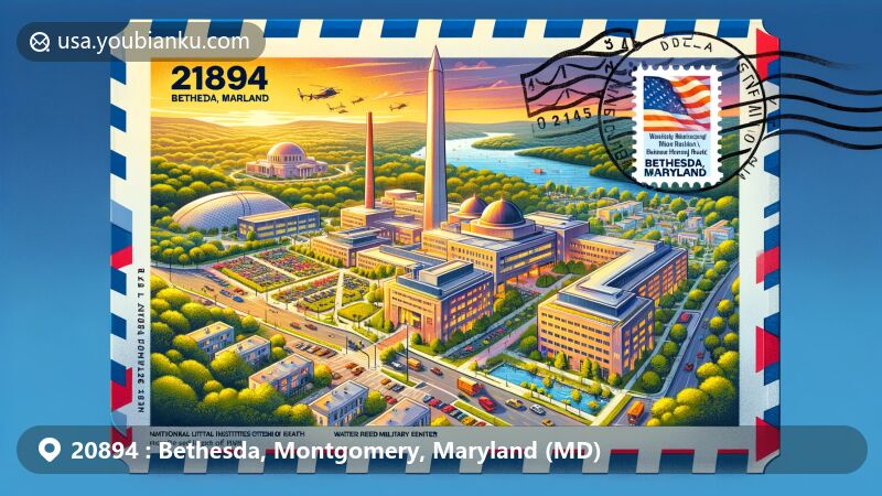 Vibrant illustration of Bethesda, Maryland, with landmarks like National Institutes of Health and Walter Reed Medical Center, featuring natural beauty of Little Falls Stream Valley Park and McCrillis Gardens.