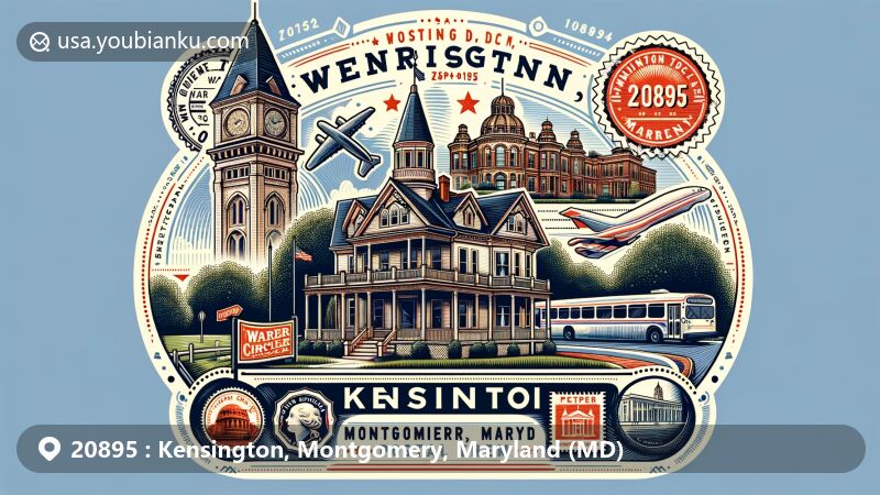 Modern illustration of Kensington, Montgomery, Maryland, with a postal theme incorporating key landmarks like Warner Circle Park, Queen Anne House, and Washington D.C. Temple.