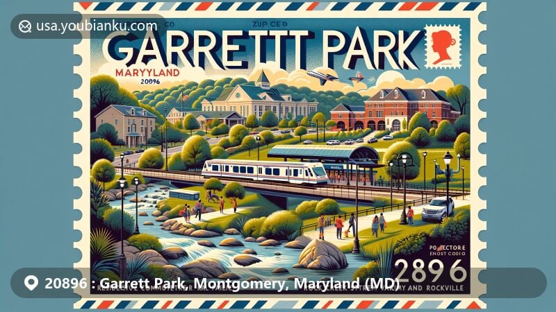 Modern illustration of Garrett Park, Montgomery County, Maryland, portraying a postal theme with MARC commuter rail station, lush greenery, and residential area, reflecting the town's location near Kensington, Bethesda, Silver Spring, and Rockville.