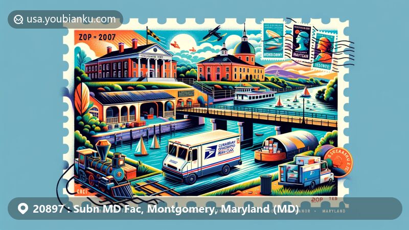 Modern illustration of Subn MD Fac, Montgomery, Maryland, highlighting ZIP Code 20897, featuring Chesapeake & Ohio Canal, Josiah Henson Museum & Park, and Woodlawn Manor Cultural Park.