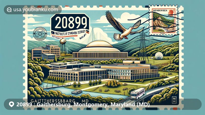 Modern illustration of Gaithersburg, Montgomery County, Maryland, featuring ZIP code 20899, showcasing NIST and Seneca Creek State Park on vintage-style air mail envelope.