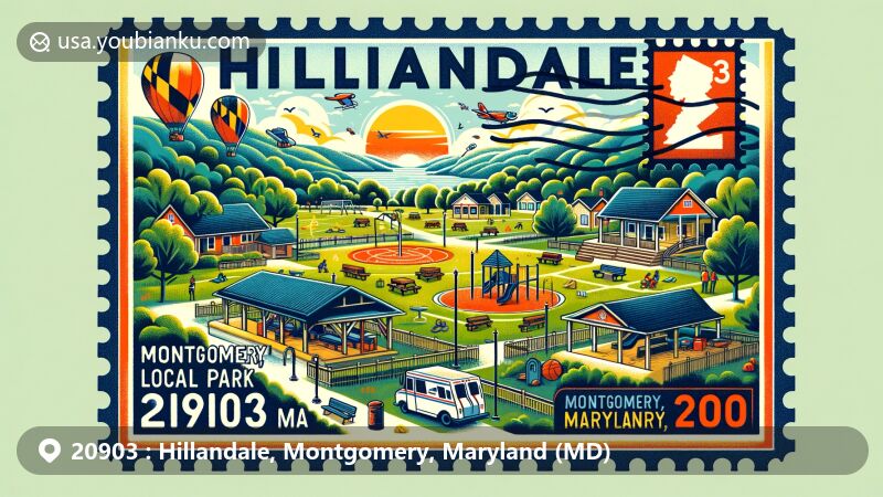 Modern illustration of Hillandale, Montgomery, Maryland, highlighting ZIP code 20903, showcasing the natural beauty and vibrant community life of Hillandale Local Park, including picnic shelters, playgrounds, and sports fields, integrated with Maryland state symbols and postal elements.