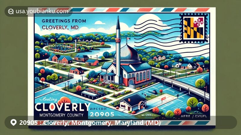Modern illustration of Cloverly, Montgomery County, Maryland, featuring postal theme with ZIP code 20905, showcasing local landmarks like Cloverly Local Park and Baitur Rehman Mosque.