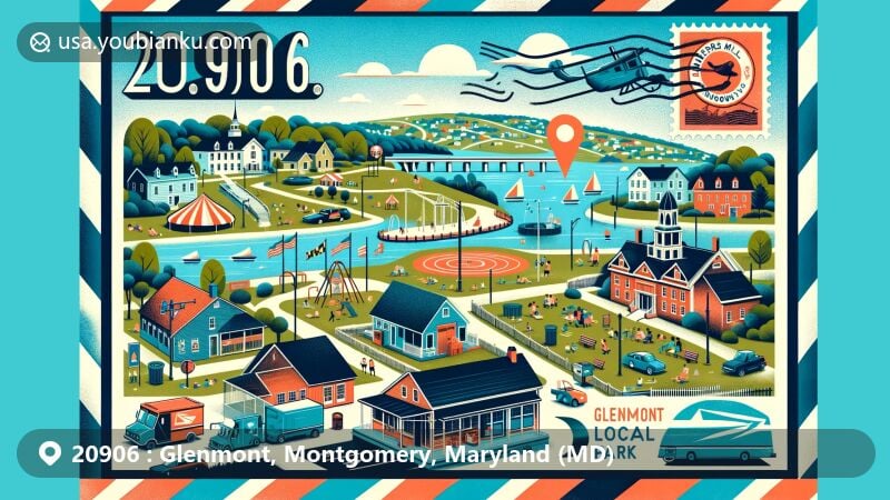 Modern illustration of Glenmont, Montgomery County, Maryland, highlighting local and postal themes, featuring Glenmont Local Park, Veirs Mill Local Park, Champayne Farmhouse, and Glenmont Water Tower, with airmail envelope elements and Maryland state flag.