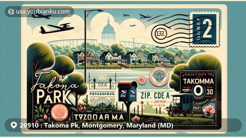Modern illustration of Takoma Park, Montgomery County, Maryland, representing 'Azalea City' and Tree City USA, embodying Victorian commuter suburb history. Features subtle DC elements and postal symbols with ZIP code 20910 in vintage postcard theme.