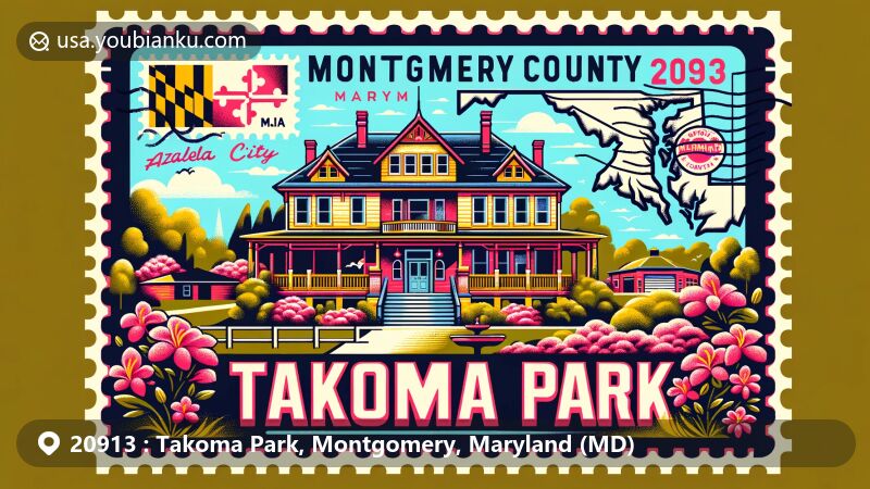 Modern illustration of Takoma Park, Montgomery County, Maryland, featuring Queen Anne style building, azaleas for 'Azalea City', postcard design with ZIP code 20913, and Maryland state flag in the background.