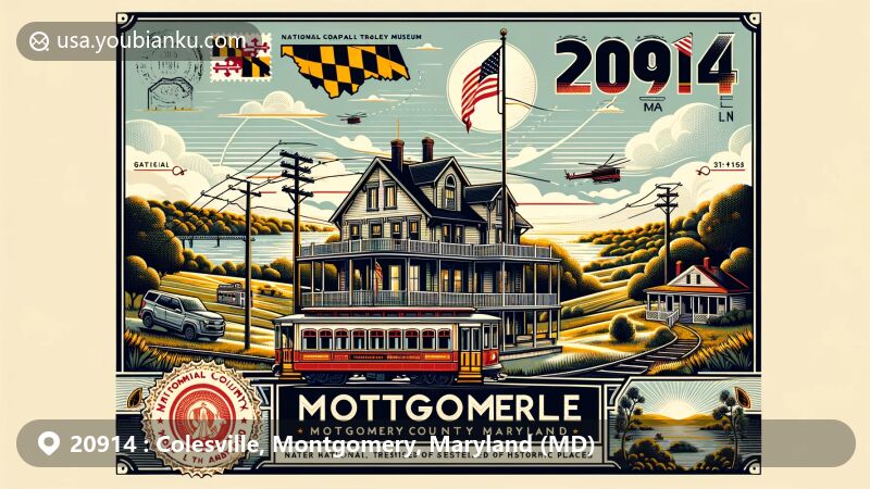 Modern illustration of Colesville, Montgomery, Maryland, highlighting ZIP code 20914 with Montgomery County flag and National Capital Trolley Museum, featuring Milimar, the oldest house. Vintage postcard style with postal elements and scenic backdrop showcasing Colesville's cultural heritage.