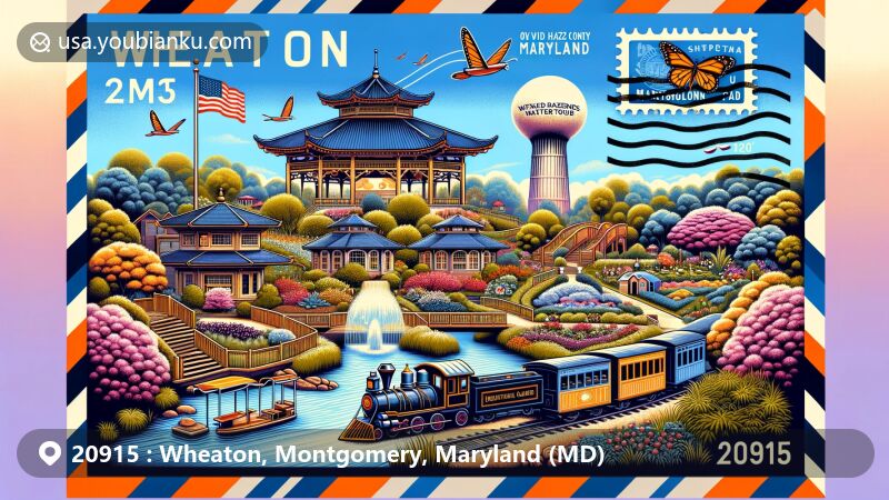 Modern illustration of Wheaton, Montgomery County, Maryland, showcasing Brookside Gardens with butterfly garden, rose garden, and Japanese style garden, along with Wheaton Regional Park's adventure playground, miniature train, and the Ovid Hazen Wells Carousel. Includes Maryland state symbols and reflects diverse cultural influences.
