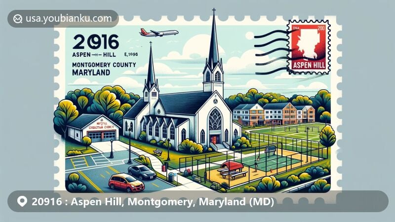 Modern illustration of Aspen Hill, Montgomery County, Maryland, showcasing postal theme with ZIP code 20916, featuring St Mary Magdalene Episcopal Church, Aspen Hill Christian Church, Aspen Hill Local Park, Maryland state flag, and Montgomery County outline.