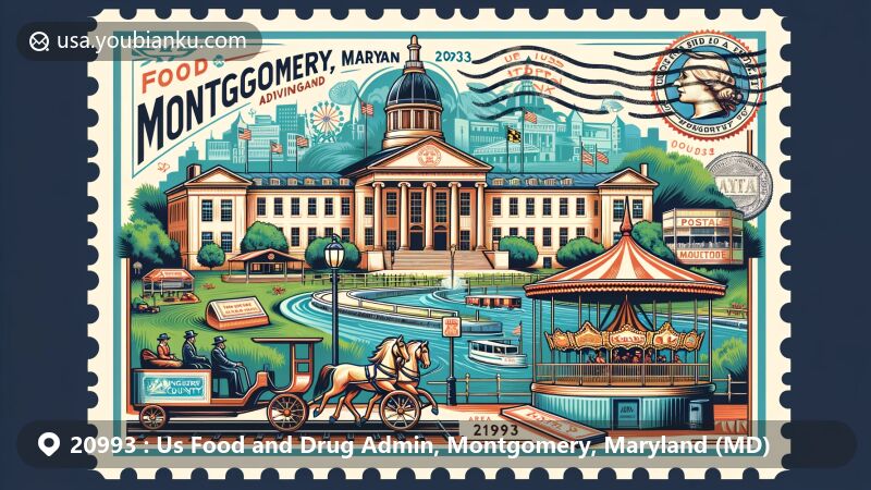 Modern illustration of Montgomery, Maryland, with postal theme for ZIP code 20993, featuring landmarks like Chesapeake & Ohio Canal, Clara Barton National Historic Site, Glen Echo Park, and vintage postal motifs.
