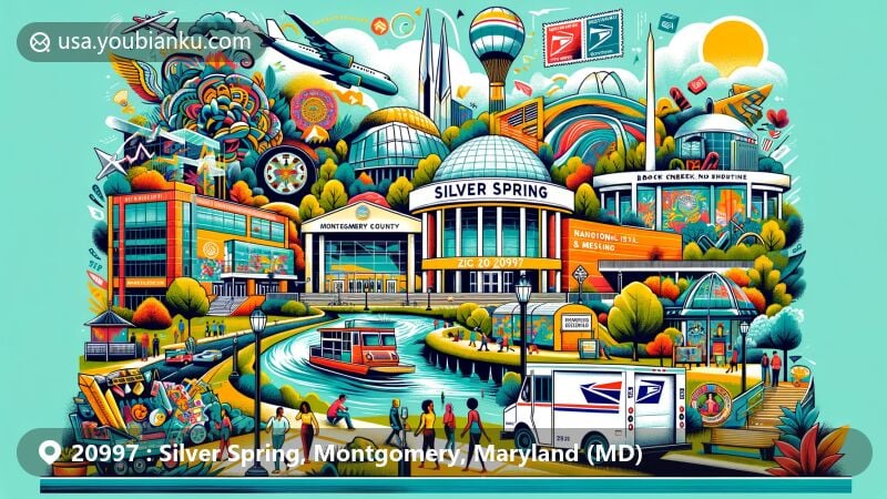 Modern illustration of Silver Spring, Montgomery County, Maryland, blending local landmarks and postal themes, capturing the cultural and artistic essence of the community. Features colorful murals, performance venues, AFI Silver Theatre, National Museum of Health and Medicine, Rock Creek, Sligo Creek, and ZIP code 20997.