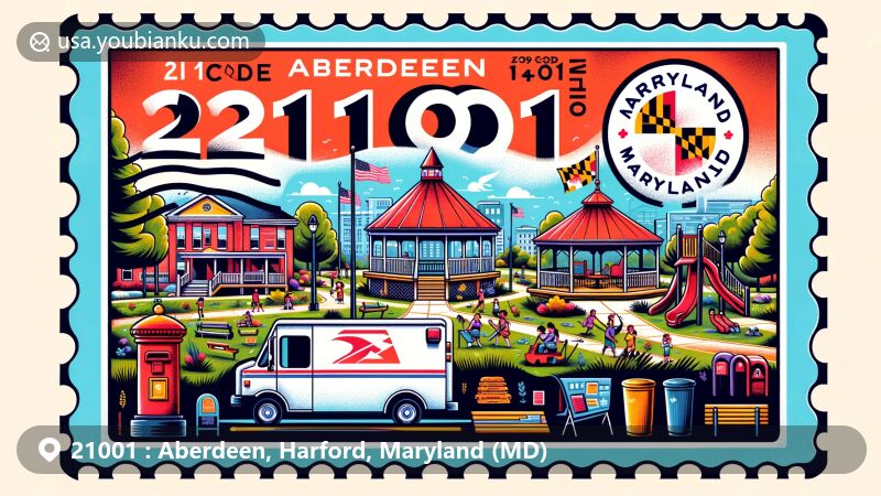 Modern illustration of Aberdeen, Harford County, Maryland, representing ZIP code 21001 with creative postal elements like a postage stamp, postmark, mailbox, and mail van, featuring Festival Park and Maryland state flag.