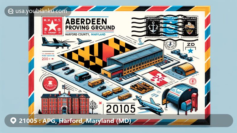 Modern illustration of Aberdeen Proving Ground in Harford County, Maryland, highlighting its U.S. Army facility role and featuring Maryland state flag, air mail envelope elements, and ZIP Code 21005.