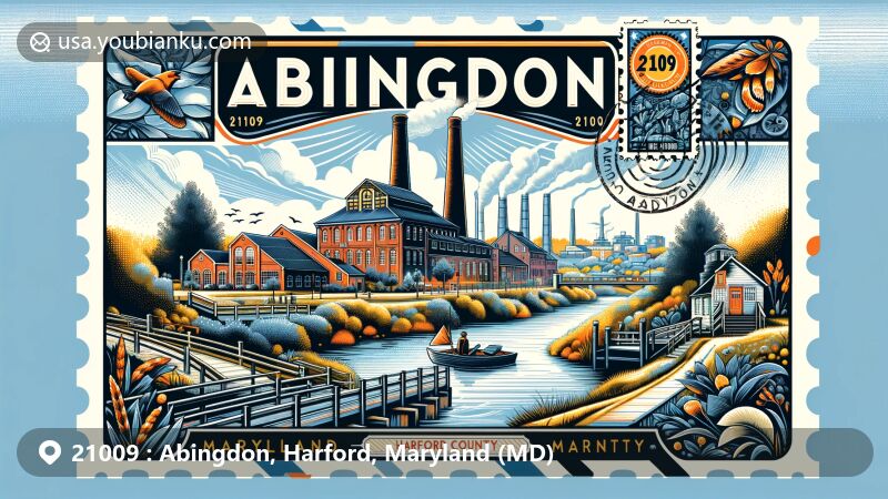 Modern illustration of Abingdon, Harford County, Maryland, featuring ZIP code 21009, showcasing Harford Furnace Historic District and postal themes.