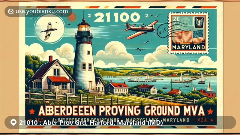 Modern illustration of Aberdeen Proving Ground area in Harford County, Maryland, with ZIP code 21010, featuring Concord Point Lighthouse and scenic landscapes along the Chesapeake Bay.