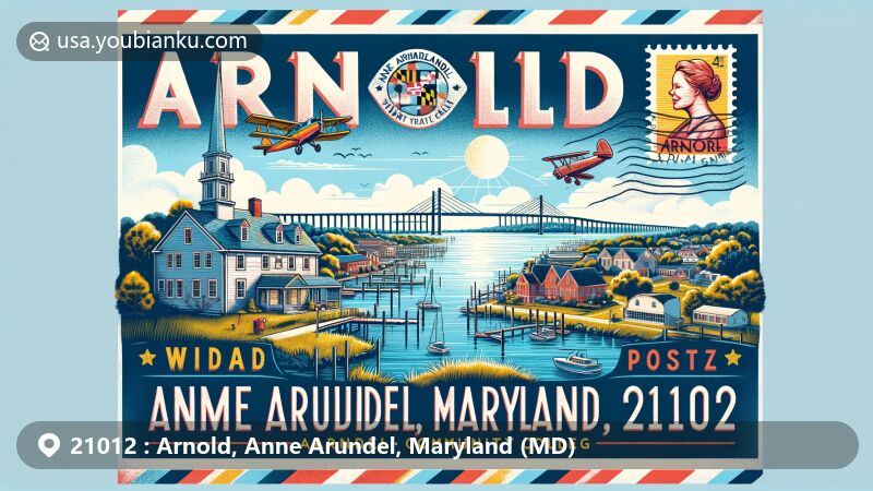 Modern illustration of Arnold, Maryland, 21012, highlighting local rivers Severn and Magothy, Anne Arundel Community College, and Maryland State Tree Wilmer Stone White Oak in Arnold Park, with vintage air mail envelope featuring Sandy Point State Park stamp and Chesapeake Bay Bridge.