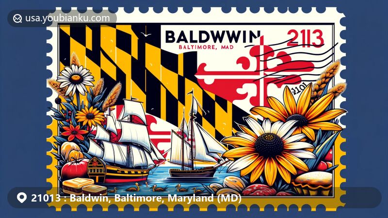 Modern illustration of Baldwin, Baltimore County, Maryland, showcasing postal theme with ZIP code 21013, featuring local landmarks and Maryland state symbols.