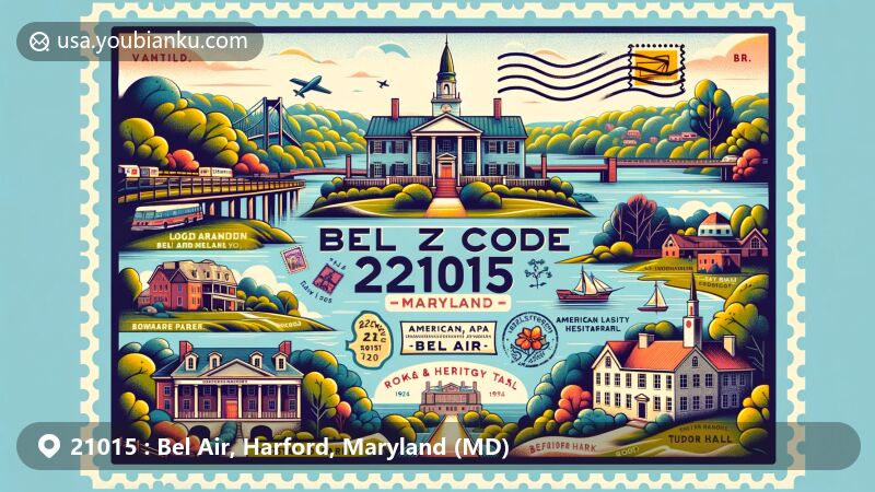 Modern illustration of Bel Air, Harford County, Maryland, showcasing postal theme with ZIP code 21015, featuring Liriodendron Mansion, Ma & Pa Heritage Trail, Bel Air Armory, Rockfield Park, and Tudor Hall, alongside postal symbols like mailboxes and mail vans.