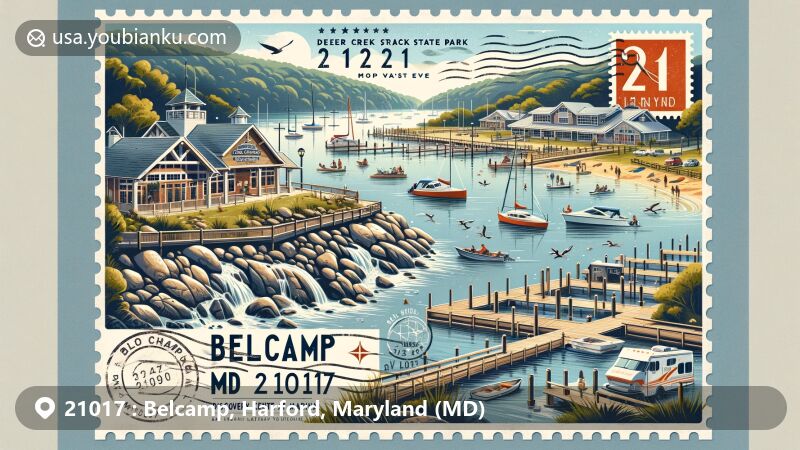 Modern illustration of Belcamp, Maryland, capturing 21017 ZIP code essence with Deer Creek in Rocks State Park, Bar Harbor RV Park, and Discovery Center at Water's Edge.