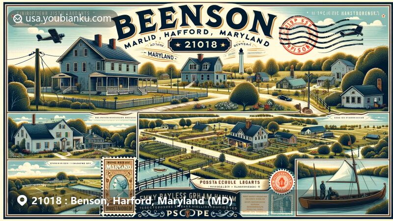 Modern illustration of Benson, Harford County, Maryland, representing ZIP code 21018 with vintage postcard-inspired design, showcasing cultural and historical landmarks like Harford County Historic Landmarks, Emily Bayless Graham Park Manor House, and Hosanna School Museum.