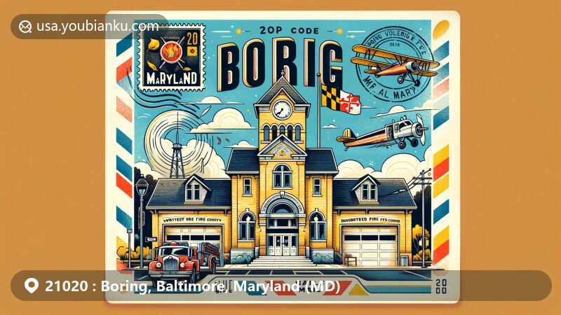 Modern illustration of Boring, Baltimore County, Maryland, highlighting ZIP code 21020, featuring Boring Volunteer Fire Company and Maryland state flag.
