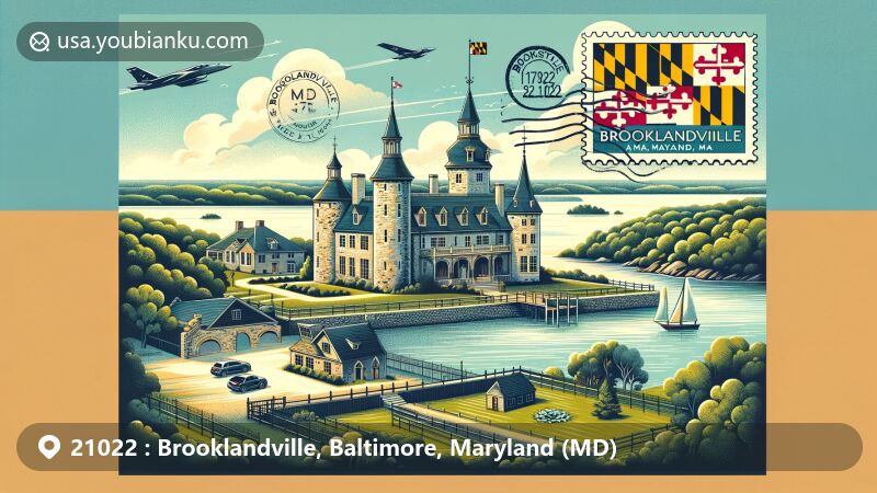 Modern illustration of Brooklandville, Maryland, featuring postal theme with Cloisters Castle and Maryland state flag.