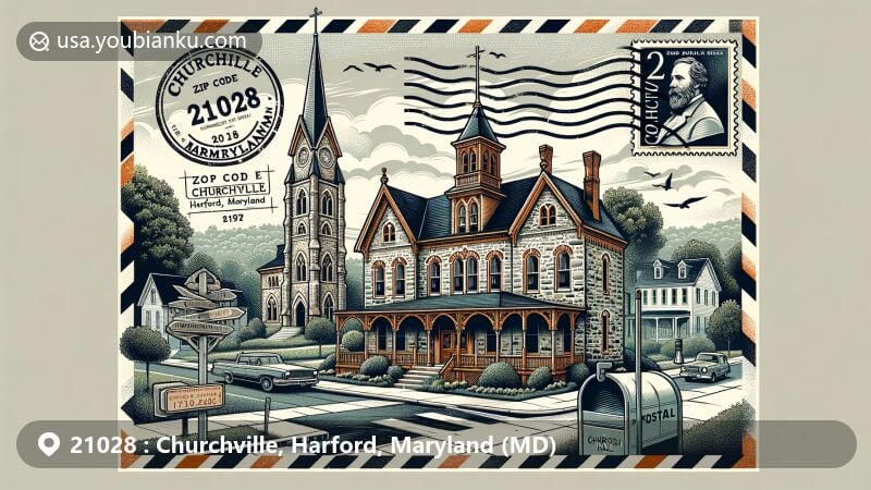 Modern illustration of Churchville, Harford, Maryland, ZIP Code 21028, featuring Medical Hall Historic District with Georgian-Federal Vernacular architecture and connections to John Archer, and the Gothic Revival Church of the Holy Trinity built in 1878.