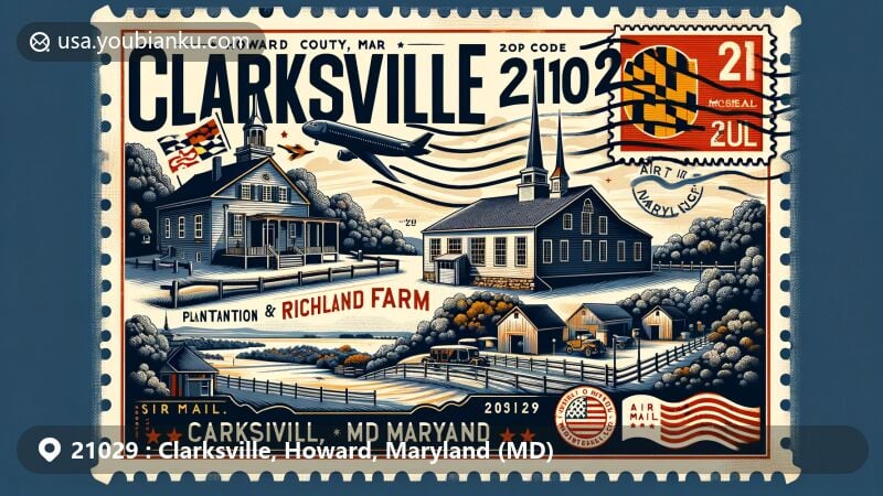 Modern illustration of Clarksville, Howard County, Maryland, showcasing postal theme with ZIP code 21029, featuring Montrose plantation and Richland Farm as symbols of the area's history.