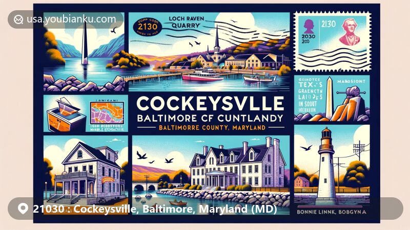 Modern illustration of Cockeysville, Baltimore County, Maryland, designed in the form of a postcard, highlighting Loch Raven Reservoir, Texas Quarry, and Grand Lodge of Maryland, featuring postal symbols and ZIP Code 21030.