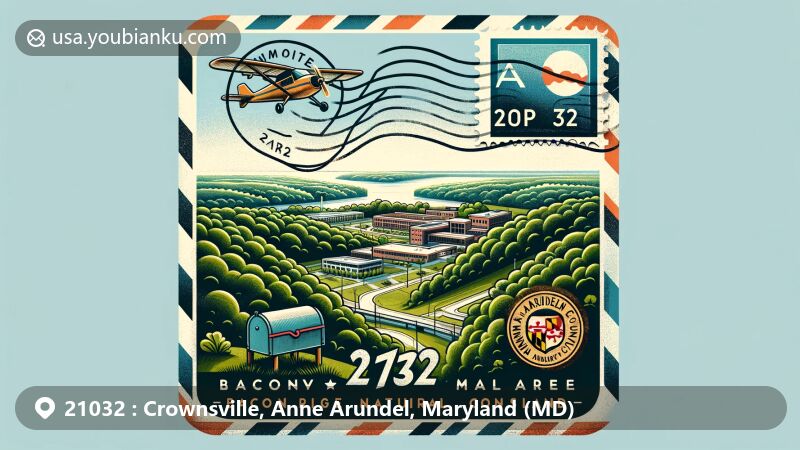 Modern illustration of Crownsville, Anne Arundel, Maryland, with postal theme and air mail envelope, featuring Bacon Ridge Natural Area stamp, Crownsville Hospital outline, Maryland state flag, Anne Arundel County emblem, and ZIP code 21032.