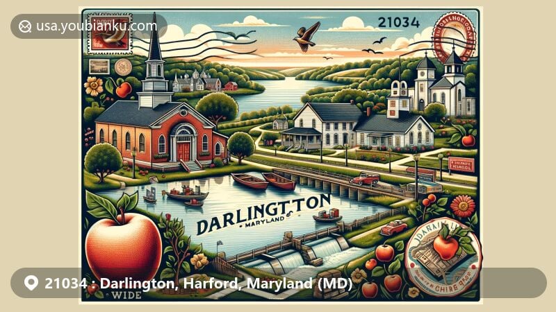 Modern illustration of Darlington, Harford County, Maryland, capturing rural charm with elements like the Darlington Apple Festival, historic buildings, and the scenic Conowingo Dam, styled as a vintage postcard with postal theme and showcasing ZIP code 21034.