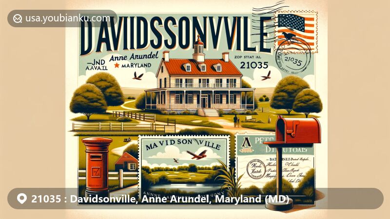 Modern illustration of Davidsonville, Anne Arundel County, Maryland, showcasing colonial heritage and postal theme with ZIP code 21035, featuring Middle Plantation and Mareen Duvall connection.