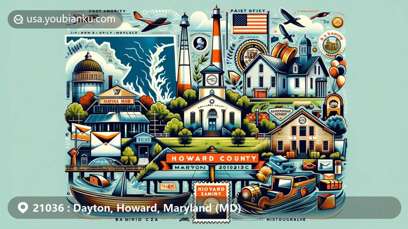 Modern illustration of Dayton, Maryland, emphasizing postal theme with ZIP code 21036, highlighting rich heritage and high-income rural community, featuring symbols of Dayton and Howard County.