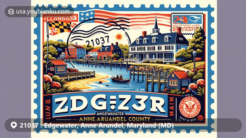 Modern illustration of Edgewater, Anne Arundel County, Maryland, featuring Historic London Town & Gardens, William Brown House, and the South River, with vintage air mail envelope and classic postage stamps.