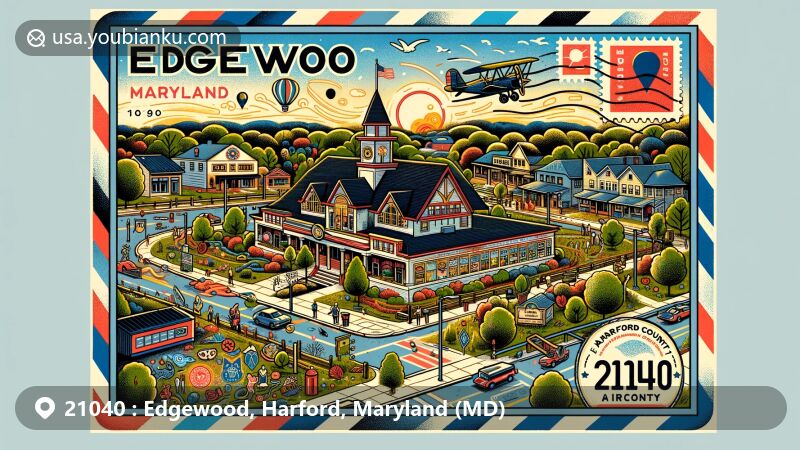 Modern illustration of Edgewood area, Harford County, Maryland, with ZIP code 21040, featuring EPICENTER community center, local flora and fauna, and postal elements.
