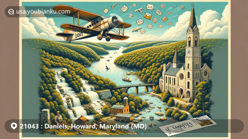 Modern illustration of Daniels, Howard County, MD, in ZIP code 21043, featuring historical charm and natural beauty, with Pentecostal Holiness Church ruins, Patapsco Valley State Park trails, vintage airplane, Daniels Dam, Maryland state flag, and Saint Stanislaus Kostka Catholic Church.