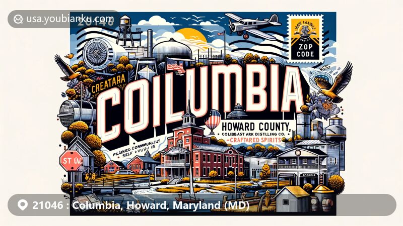 Modern illustration of Columbia, Howard County, Maryland with ZIP code 21046, highlighting planned self-contained villages, rich history, and Lost Ark Distilling Co., featuring postal elements like a postage stamp and air mail envelope.