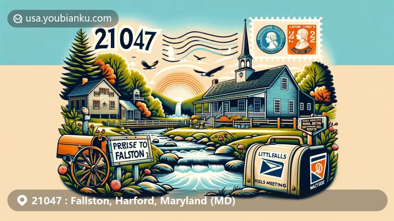 Modern illustration of Fallston, Harford County, Maryland, showcasing postal theme with ZIP code 21047, featuring Little Falls Friends Meeting Quaker meeting house and Little Gunpowder Falls river.
