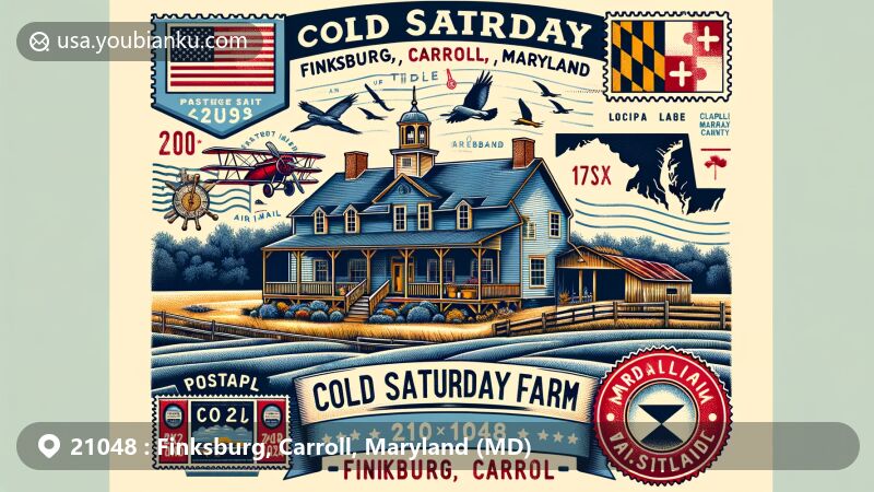 Modern illustration of Cold Saturday Farm, Finksburg, Carroll County, Maryland, showcasing Anglo-American gentry farm style in the Tidewater region, surrounded by Maryland state flag, Carroll County outline, and local flora and fauna.