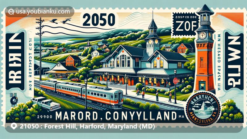 Modern illustration of Forest Hill, Harford County, Maryland, representing ZIP code 21050 with a blend of rural and suburban features, highlighting Forest Hill Train Station and postal theme.