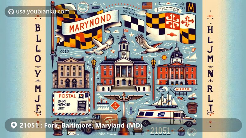 Illustration of the Fork area in Baltimore County, Maryland, combining regional symbols like Maryland's flag and seal, Baltimore Museum of Art, Johns Hopkins University, Fort McHenry, along with postal elements like airmail envelope, stamp, postmark, and the “21051” ZIP Code.