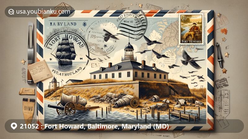 Modern illustration of Fort Howard, Maryland, featuring historical airmail envelope with depiction of coastal artillery and British troops landing in 1814, alongside Maryland state flag, Baltimore County silhouette, and ZIP Code 21052.