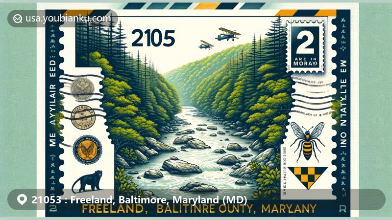 Modern illustration of Freeland, Baltimore County, Maryland, featuring Hemlock Gorge with dense old-growth hemlock forest and serene river, integrated with state symbols and postal elements like postage stamp and ZIP code 21053.