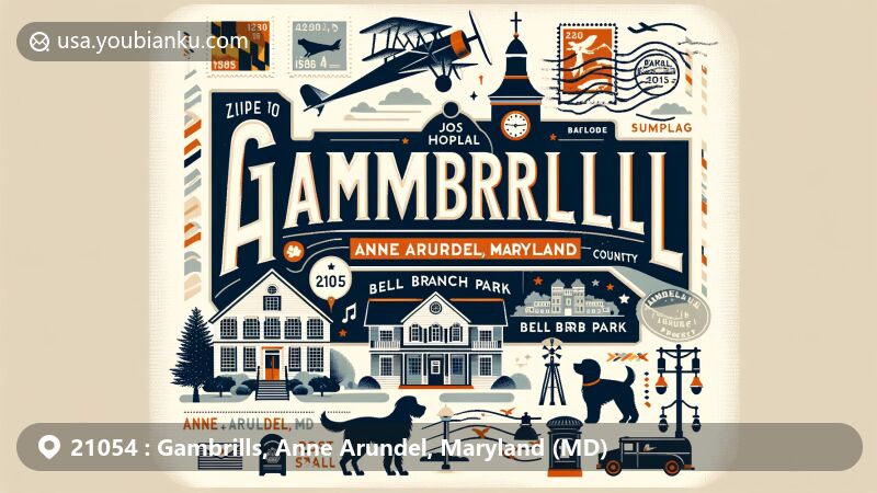 Modern illustration of Gambrills, Anne Arundel County, Maryland, featuring postal theme with vintage airmail envelope, postage stamps, and postal mark 'Gambrills, MD 21054'. Includes silhouette of Anne Arundel County and highlights from Bell Branch Park.