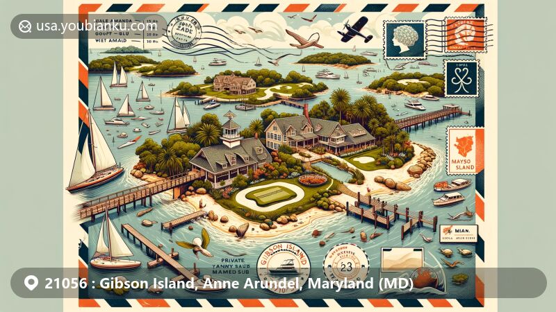 Modern illustration of Gibson Island, Maryland, showcasing postal theme with ZIP code 21056, featuring a man-made causeway connecting the island, amenities like yacht club, golf course, and tennis courts, and the serene beauty of harbors, wetlands, and bird sanctuary.