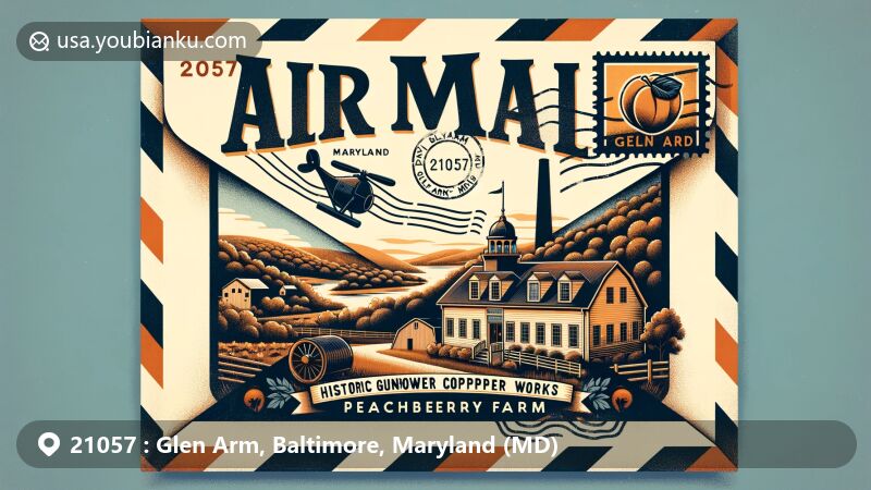 Modern illustration of Glen Arm, Maryland, with a creatively designed airmail envelope, showcasing Gunpowder Copper Works, Weber's Peachberry Farm, and Maryland state flag elements.