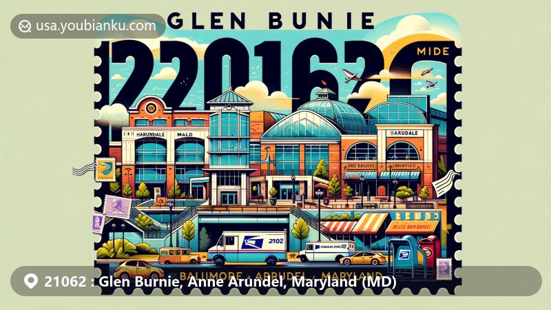 Modern illustration of ZIP code 21062 area, Glen Burnie, Anne Arundel, Maryland, resembling a postcard with Harundale Mall, Baltimore and Annapolis Railroad elements, and postal symbols.
